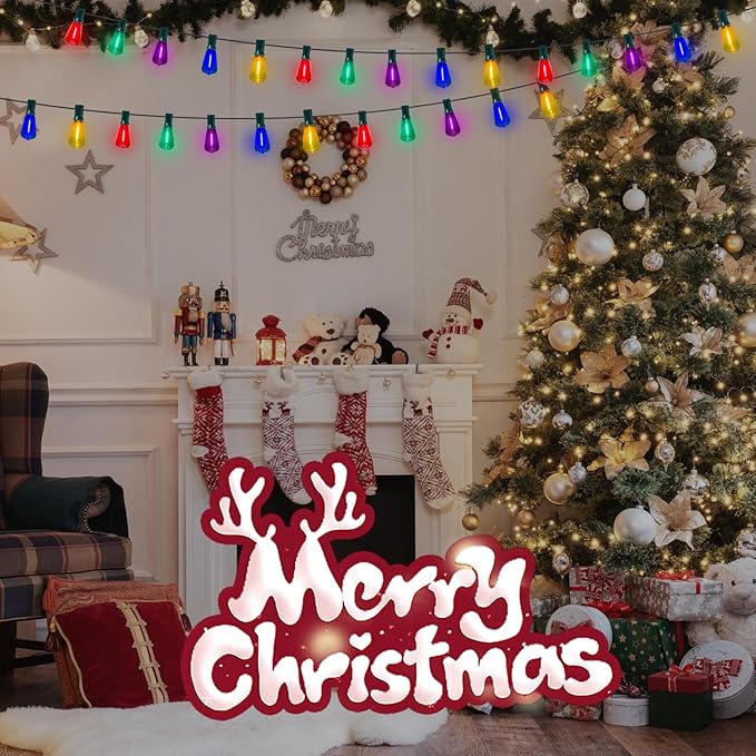 Abeja 50Ft ST38 Outdoor String Lights, Multicolor Patio Lights with 25+2 ST38 Edison Colorful Bulbs, LED Shatterproof Colorful String Lights for Outside Bistro Christmas Patio Party Decorations