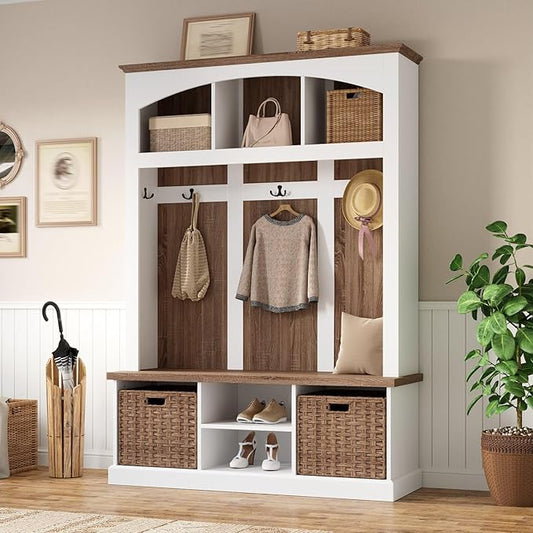 Lovinouse Hall Tree with Bench and Shoe Storage, Mud Room Storage Furniture with Coat Rack &amp; Shoe Rack for Front Door Entrance, Entryway Bench Cabinet with Rattan Basket for Hallway,White &amp; Oak