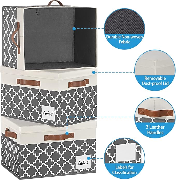 GhvyenntteS Large Fabric Storage Bins with Lids (6 Pack), Foldable Decorative Storage Boxes with Lids and 3 Handles, Sturdy Storage Baskets with Label Window for Home Office (White&amp;Lattice Gray)