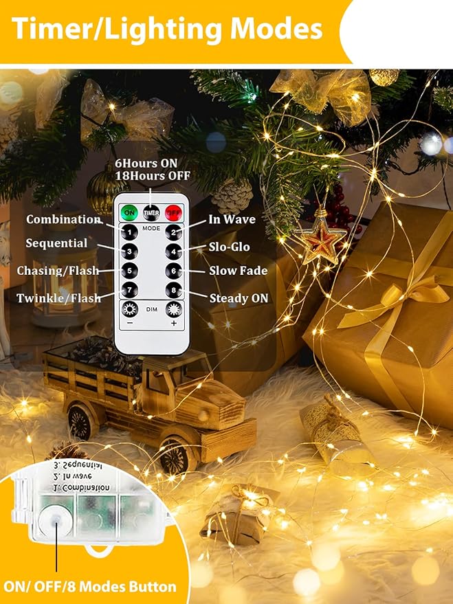 2 Pack 100LED Battery Operated Fairy Lights with Remote, 8 Modes LED String Lights with Timer, Dimmable, Memory Function, Waterproof Twinkle Lights for Outdoor Indoor Christmas Decor(Warm White)