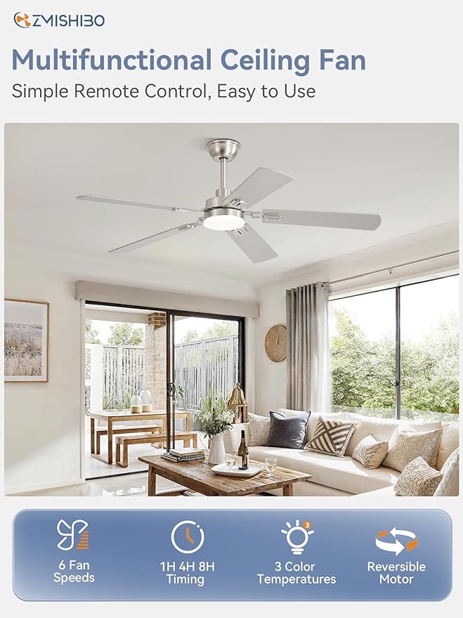 ZMISHIBO 52" Ceiling Fans with Lights, Nickel Modern Ceiling Fan with Remote, Bedroom Indoor Ceiling Fan with Dual Finish Blades, Quiet & Strong Motor, Bright LED Light.