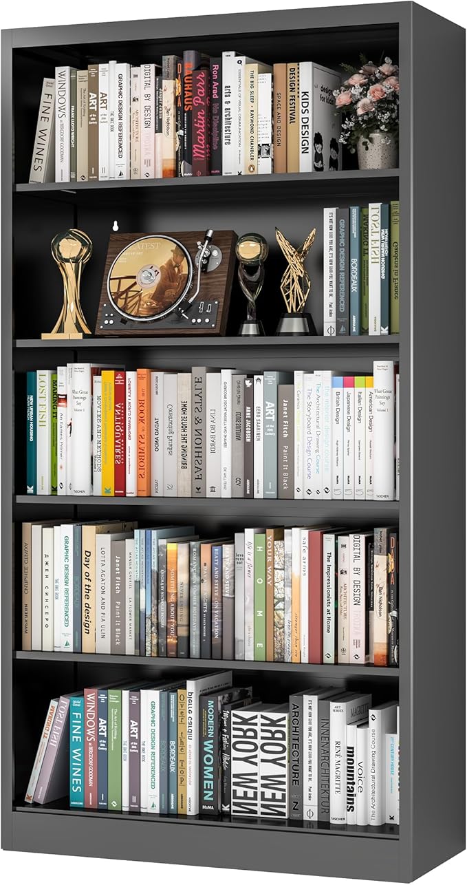 66" Tall Metal Bookcase, 5 Shelf Black Bookcase with Adjustable Shelves, Large Bookshelfs and Bookcases, Modern Book Shelf Storage Organizer for Living Room, Home Office, Library (Black)