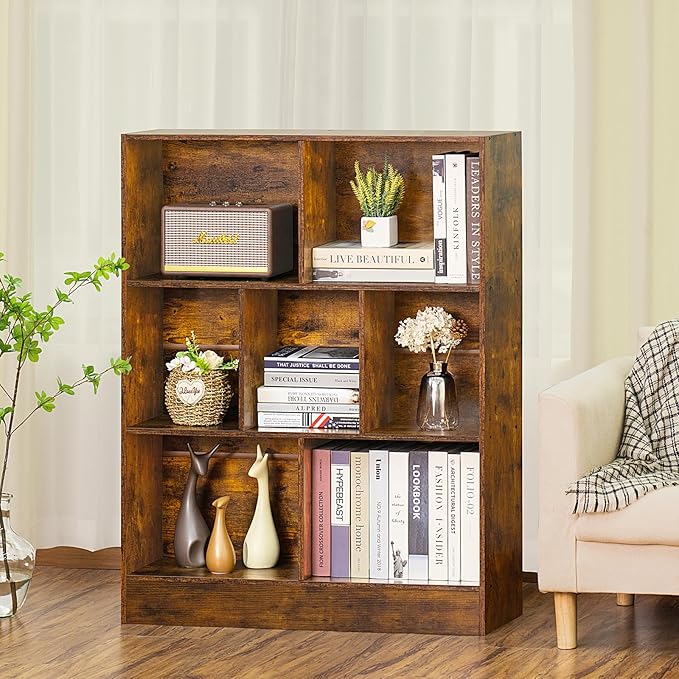 LEYAOYAO 7 Cube Bookshelf with Base,3 Tier Mid-Century Modern Brown Bookcase,Standing Wide Bookshelfs Storage Organizer Shelf,Rustic Wood Display Cabinet Book Shelves for Bedroom,Living Room,Office