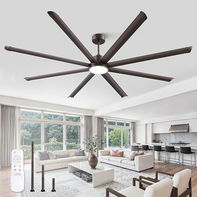 ZMISHIBO 96 Inch Ceiling Fans with Lights, Large Indoor/Outdoor Industrial Ceiling Fan with 8 Aluminum Reversible Blades, Quiet DC Motor, 3CCT& 6-Speed Remote Control, Damp Rated for Porch/Garage/Shop