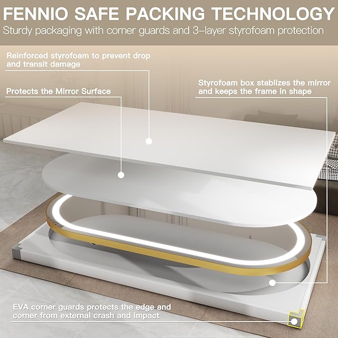 FENNIO 70" x 32" Large Luxury Wall Mounted Mirror with LED Lights - Oval Full Length LED Lighted Full Body Dressing Mirror for Bedroom, Salon, Brushed Aluminum Frame, Tempered Glass