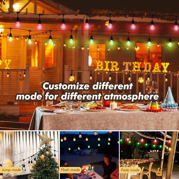 Auroraworld 96FT Solar RGB Outdoor String Lights, Dimmable Waterproof LED Patio Lights with Remote, 30 Shatterproof Bulbs for Garden Party Decor