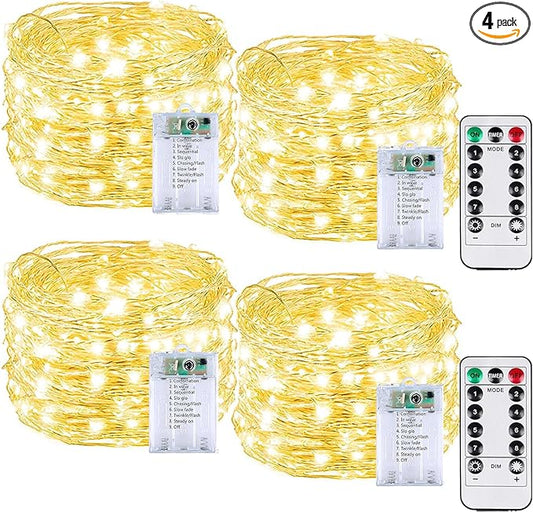 4 Pack 60LED Battery Operated Fairy Lights with Remote, 8 Modes LED String Lights with Timer, Dimmable, Memory Function, Waterproof Twinkle Fairy Lights for Outdoor Indoor Christmas Decor(Warm White)