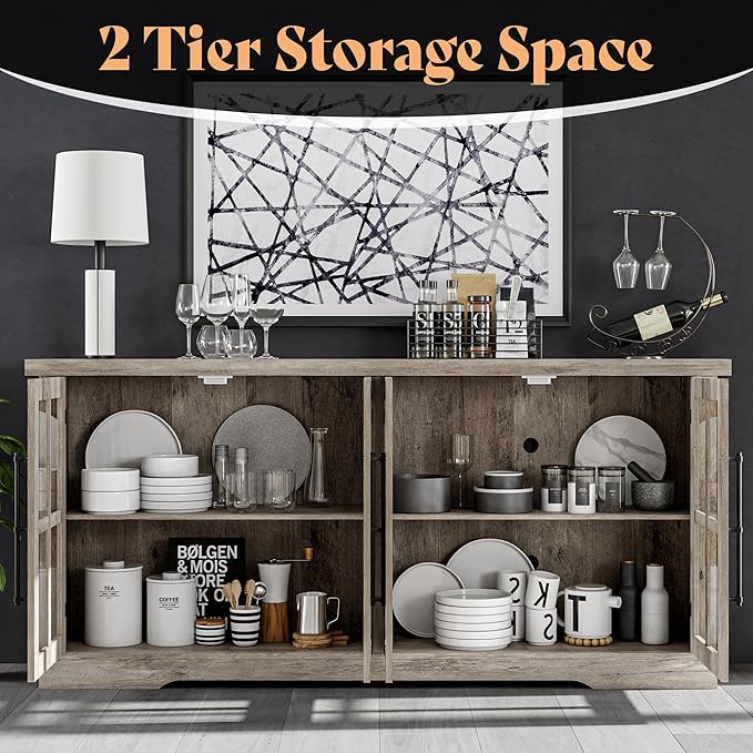 AMERLIFE Farmhouse 63" Buffet Sideboard Cabinet with Glass Door, Large Storage Cabinet with Adjustable Shelf, Wooden Coffee Bar Station for Kitchen, Dinning Room, Rustic Gray
