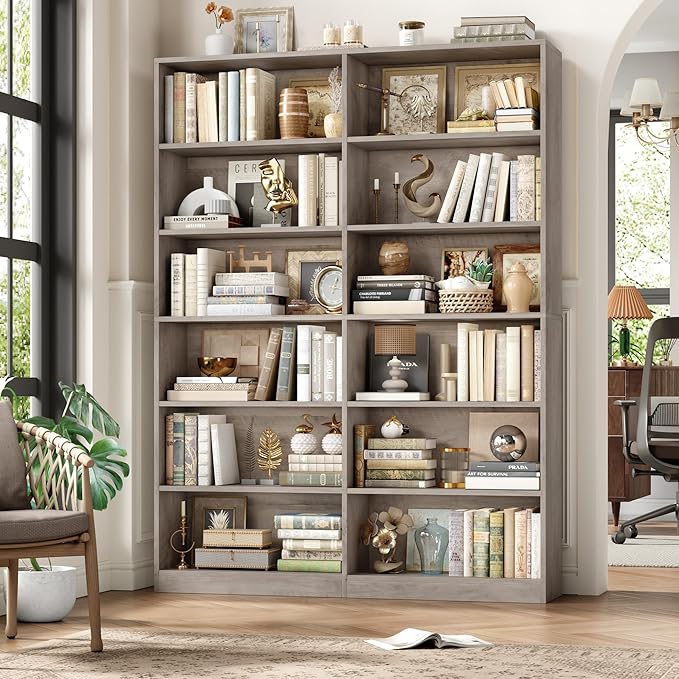 Bookshelf and Bookcase, 6-Tier Double Wide Bookshelfs, Freestanding Display Storage Shelves, Tall Bookcases for Home Decor Bedroom, Living Room, Home Office, Wash Gray