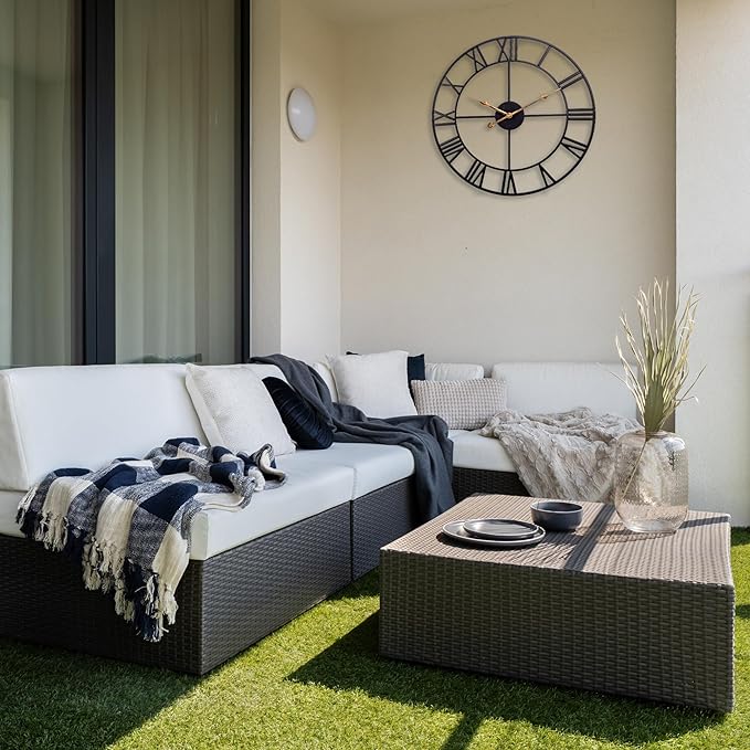 16 Inch Large Outdoor Wall Clock, Black Metal Modern Minimalist Battery Operated Silent Clock for Patio, Pool, Garden, Living Room, Kitchen, Office, Bedroom Decor with Easy to Read Numbers