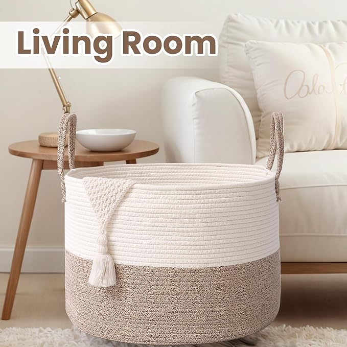 Woven Blanket Basket,115L Large Rope Storage Bin with Handles, Organizer for Blankets Toys Book and Clothes, Laundry Basket for Living Room Bedroom Nursery,White&amp;Brown