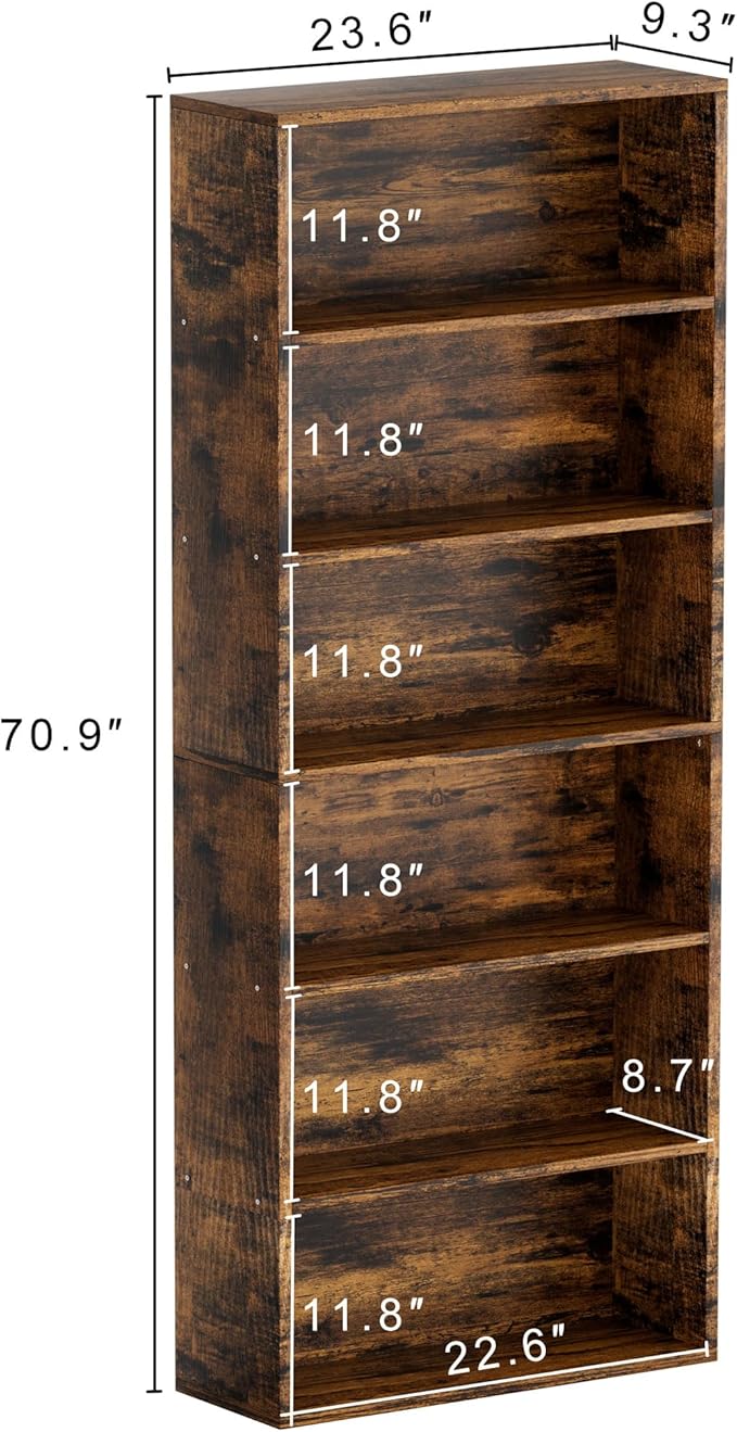 JAMFLY Open Bookshelf and Bookcase, 6 Shelf Storage Tall Bookcase for Bedroom, Living Room and Office, Vintage Brown