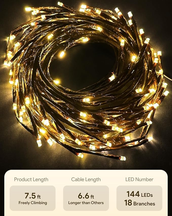 Cherry Blossom Lights with Remote, 7.5 Ft 144 Flowers Enchanted Willow Vine Lights, 18 Branches 144 LEDs Lighted Willow Vine Tree Lights for Walls Bedroom Home Room Decor, Brown Branch