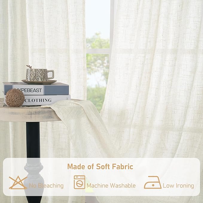 LAMIT Cream Linen Semi Sheer Curtains 45 Inch for Windows, Light Filtering Neutral Bedroom Curtains Farmhouse Boho Back Tab and Rod Pocket Decor Panels, 2 Panels, 52 x 45 Inch