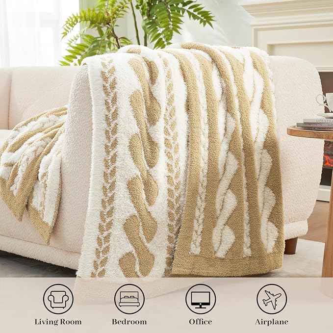 Amélie Home Cable Knit Throw Blanket for Couch, Bicolour Super Soft Cozy Fuzzy Plush Throws for Sofa, 50" x 60", Cable Beige &amp; White