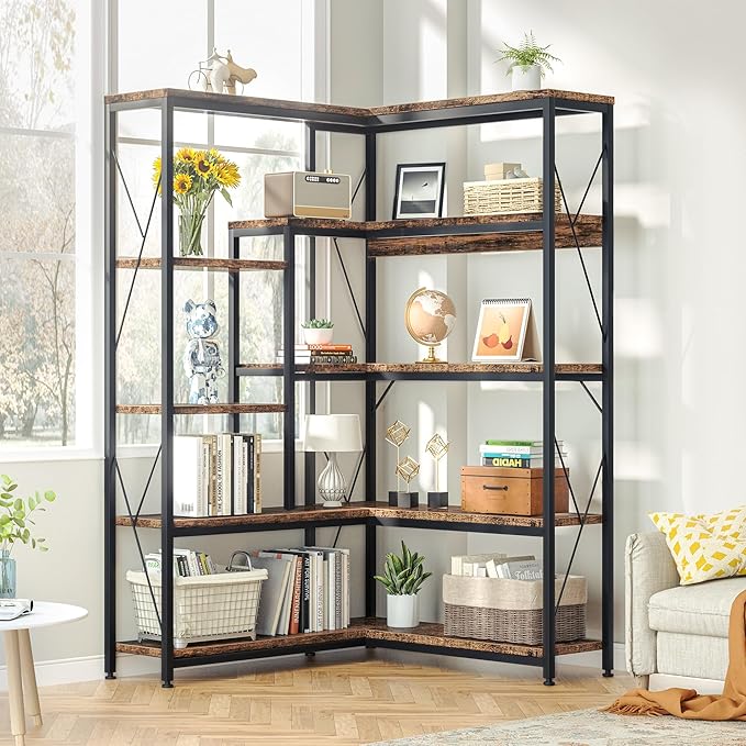JAMFLY 5-Tier Corner Bookshelf, Industrial Corner Bookcase, Book Shelves with Metal Frame, Large Open Display Bookshelfs, L-Shaped Shelf for Living Room, Home Office, Rustic Brown