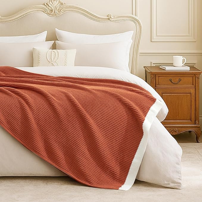 Amélie Home Waffle Throw Blanket for Couch, Soft Cozy Chenille Knit Blanket Warm Decorative Throw for Sofa, 50"x60", Burnt Orange