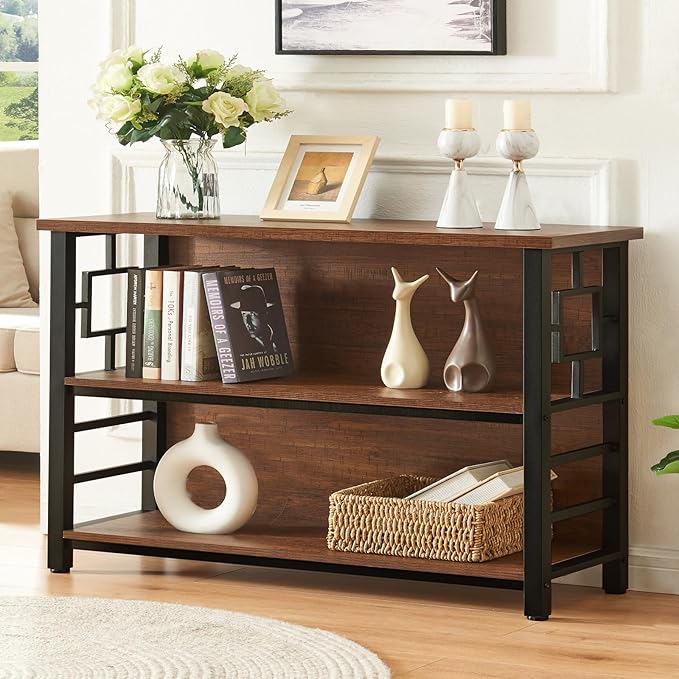 HOMISSUE Book Shelf, 3 Tier Long Bookshelf with Storage, Engineered Wood and Metal Shelf Bookcase, Low Short Bookcases for Small Space, Living Room, Bedroom, Office, Rustic Brown