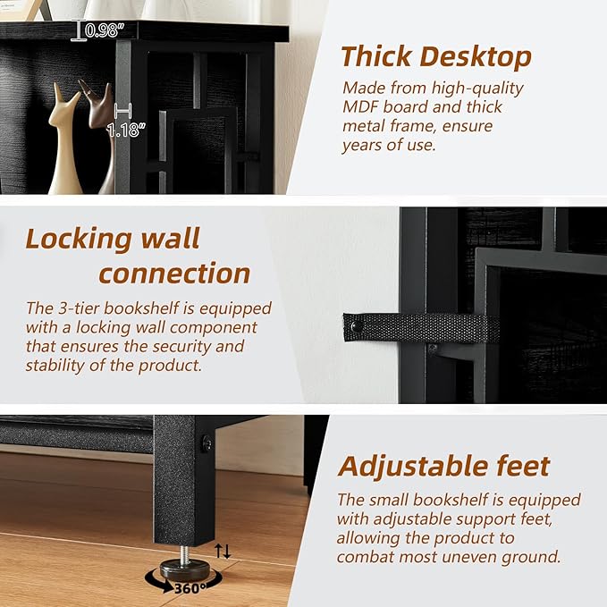HOMISSUE Book Shelf, 3 Tier Deep Bookshelf with Storage, Engineered Wood and Metal Shelf Bookcase, Low Short Bookcases for Small Space, Living Room, Bedroom, Office, Black