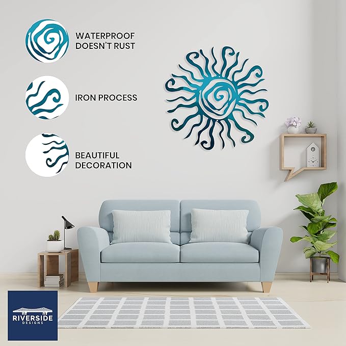 Riverside Designs Wacky Sun Metal Wall Art Indoor/Outdoor Decor - 36" Teal Rust Proof Wall Sculpture - Made in USA - Ideal for Bedroom, Garden, Home, Patio and Farmhouse