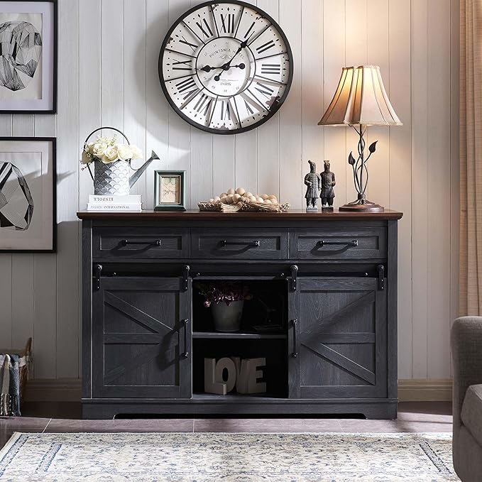 Farmhouse Buffet Cabinet, 53” Sideboard Cabinet w/3 Drawer, Rustic Storage Cabinets w/Sliding Barn Door, Coffee Bar for Dinning Room, Kitchen, Hallway, and Living Room-Dark Gray
