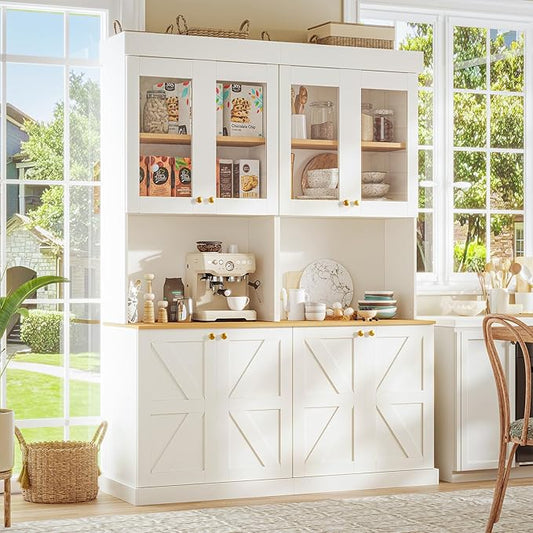 71" Tall Farmhouse Kitchen Pantry, Set of 2, Large Storage Cabinet with Glass Doors, Freestanding Coffee Bar Hutch with Microwave Stand, Adjustable Shelves for Kitchen, Living Room, White