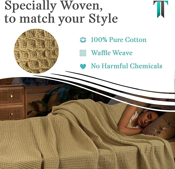 Tex Trend Waffle Blanket – 100% Cotton Blankets Queen Size – Breathable and Soft for Summer Spring – Suitable for Bed Layering, Sofa & Couch - Khaki (90”x90”)