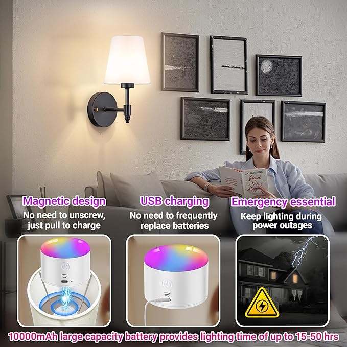 Battery Operated Wall Sconces Set of Two, Rechargeable Wireless Wall Lights with 10000mAh RGB Dimmable Detachable Bulb, Battery Sconces Wall Decor with Remote for Bedroom Living Room Hallway