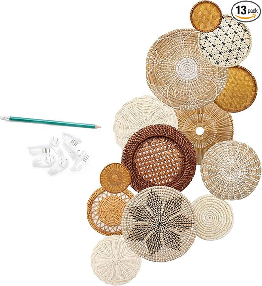 RESPOROX ELEGANCE YOUR WAY Set of 13 Hanging Woven Baskets for Wall Decor - Handcrafted Bamboo, Rattan &amp; Seagrass Baskets come with Hanger Nails, Marking Pencil &amp; Templates