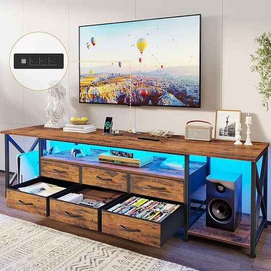 BTHFST TV Stand with LED Lights & Power Outlets, for TVs up to 85 Inches, 6 Drawers Entertainment Center with Open Storage Shelves, 71" TV Media Console Table for Living Room, Bedroom, Rustic Brown