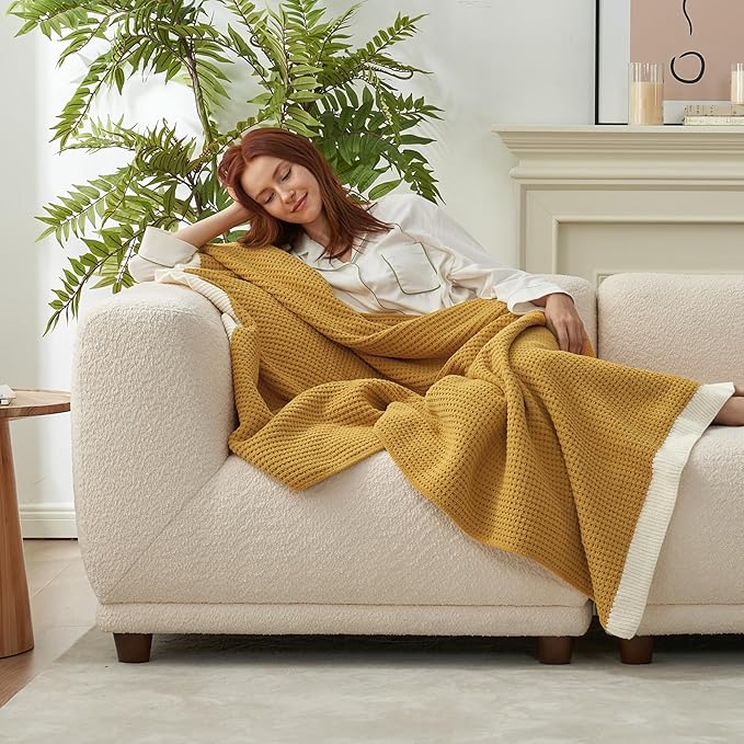 Amélie Home Waffle Throw Blanket for Couch, Soft Cozy Chenille Knit Blanket Warm Decorative Throw for Sofa, 50"x60", Ginger
