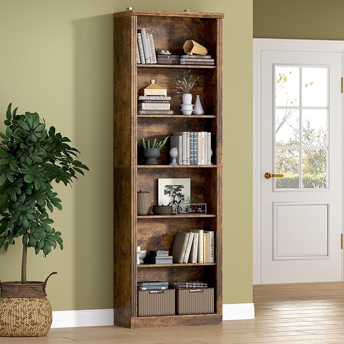 75" Tall Bookshelf, 6-Tier Floor Standing Bookcase with Adjustable Shelves, 24" Wide Open Storage Shelf, Modern Display Organizer for Home Office, Living Room, Bedroom, Study