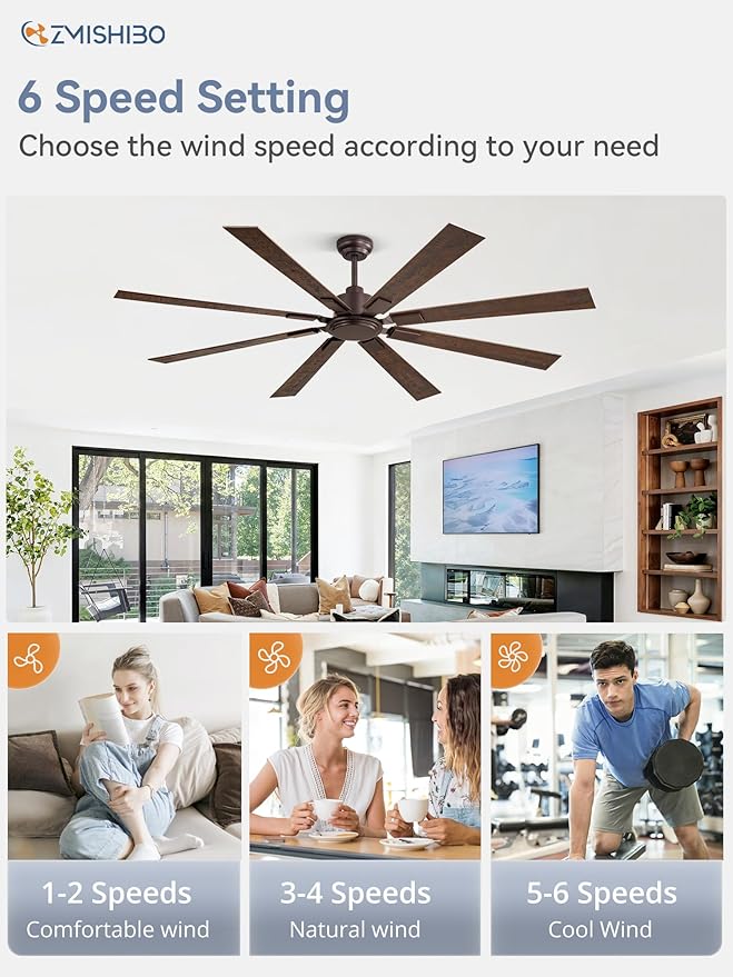 ZMISHIBO 72 Inch Ceiling Fan No Light with Remote Control, 8 Blades Quiet DC Reversible Motor, 6-Speed, Timer, Oil Rubbed Bronze Finish, Indoor Outdoor Ceiling Fans for Patios, Living Room, Garage