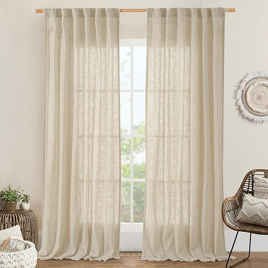 LAMIT Natural Linen Blended Curtains for Living Room, Back Tab and Rod Pocket Semi Sheer Curtains Light Filtering Country Rustic Drapes for Bedroom/Farmhouse, 2 Panels,52 x 120 Inch, Linen