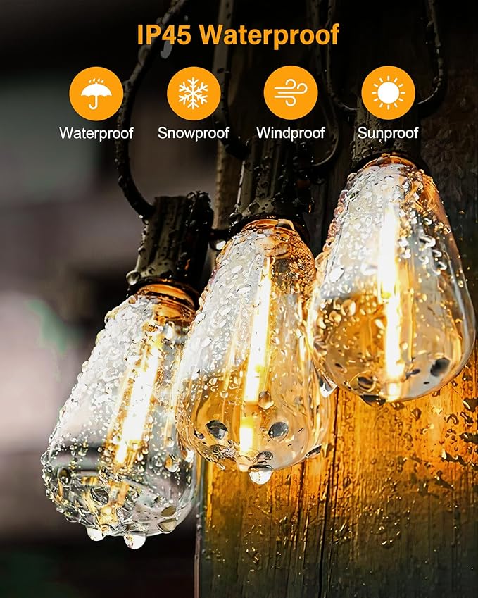 120FT Outdoor String Lights Waterproof, 2700K LED Patio String Lights with 60+3 Shatterproof Vintage Bulbs, Hanging Lights with Plug in Cord for Porch, Backyard, Garden, Gazebo