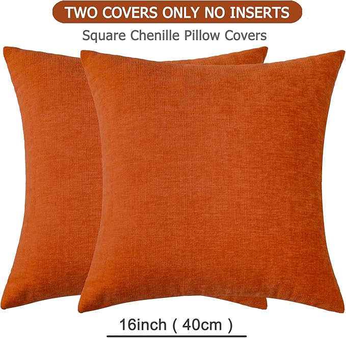 GAWAMAY Decorative Square 16x16 Inch Throw Pillow Covers Set of 2, Super Soft Chenille Pillows Farmhouse Fall Pillowcase for Living Room Bedroom Sofa Couch Cushion Cover Burnt Orange 40x40cm