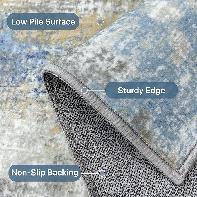 Runner Rug for Hallway Kitchen 2x7 Machine Washable Runners Rug for Entryway, Blue Cream Soft Modern Abstract Throw Rugs, Floor Carpet with Non Slip Rubber Backing