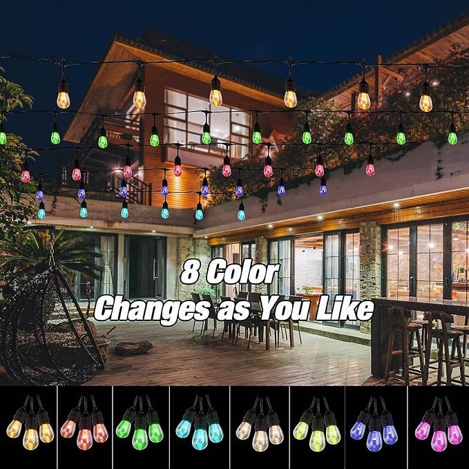 Auroraworld 48FT RGB Outdoor String Lights, Dimmable Color Changing Waterproof LED Patio Lights with Remote, 15 Shatterproof Bulbs for Porch Balcony Garden Party Decor