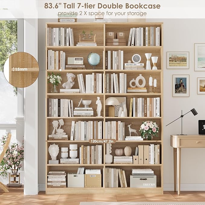 83.6" Tall Bookshelf and Bookcase, 7-Tier Extra Large Bookshelf with Double Storage, 14 Open Display Shelves for Home Office, Study and Living Room, Light Oak