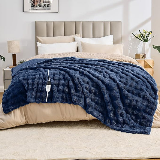 Heated Blanket Electric Throw Blanket 72''X 84''-Heating Blanket with 6 Heat Settings-4/10 Hours Auto Off,Cozy Faux Rabbit Fur Bubble Electric Blanket,Navy Blue