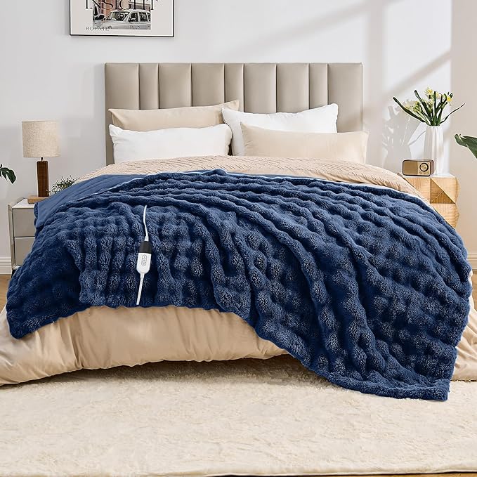 Heated Blanket Electric Throw Blanket 62''X 84''-Heating Blanket with 6 Heat Settings-4/10 Hours Auto Off,Cozy Faux Rabbit Fur Bubble Electric Blanket,Navy Blue