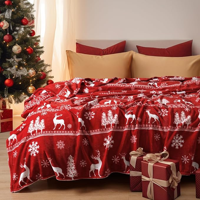 PHF Printed Fleece Blanket Queen Size, No Shed No Pilling Ultra Soft Plush Cozy Xmas Prints Theme Home Décor Flannel Blanket for Bed, Sofa, Couch and Gift, 90 "x 90", Reindeer and Trees, Red