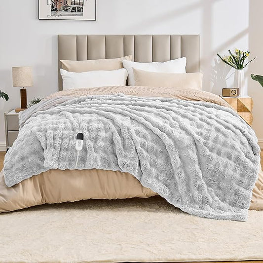 Heated Blanket Electric Throw Blanket 62''X 84''-Heating Blanket with 6 Heat Settings-4/10 Hours Auto Off,Cozy Faux Rabbit Fur Bubble Electric Blanket,Light Gray