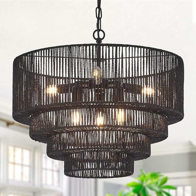 19.7" Hand-Woven Rattan Chandelier Vintage Farmhouse 6-Lights Boho Black Bamboo Chandeliers Light Fixture Retro Drum Wicker Rattan Chandelier for Dining Room, Kitchen Island, Bedroom, E12