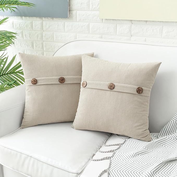 HWY 50 Beige Chenille Throw Pillow Covers 18x18 Inch with Triple Buttons, Soft Farmhouse Accent Decorative Cushion Cases for Couch Sofa Bed Living Room Bedroom Pack of 2