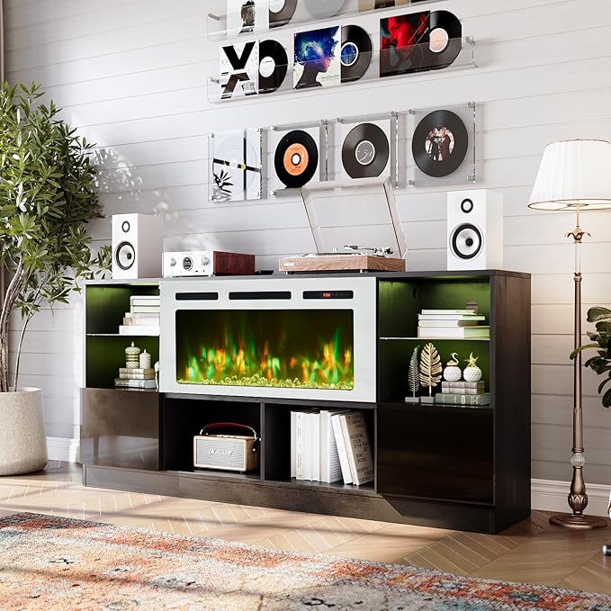 oneinmil Fireplace TV Stand with 36” Electric Fireplace, 70” TV Console Stand for TVs Up to 80", LED Light Entertainment Center, Fireplace for The Living Room TV Stand, Set of Table, Black