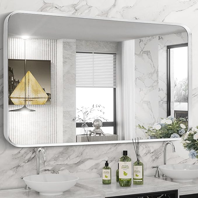 Brushed Nickel Bathroom Wall Mirror, Silver Metal Framed Large Rounded Corner Rectangle Mirror, Tempered Glass, Shatter Proof, Hangs Horizontally or Vertically (30" x 55", Silver)