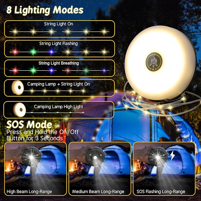 Camping String Lights, Outdoor String Lights with 8 Lighting Modes, Rechargeable String Light Camping 2 in 1, Waterproof Portable Stowable USB Camping Lights for Camping, Yard, Party Decor 32.8 ft