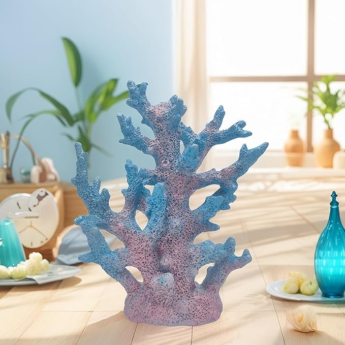 Beach Coastal Decor Coral Reef Home Decor Coral Statue Sculpture Home,Desk,Bathroom,Desktop Shelf Statue,Marine Themed Gifts (Gradient Cyan Coral)