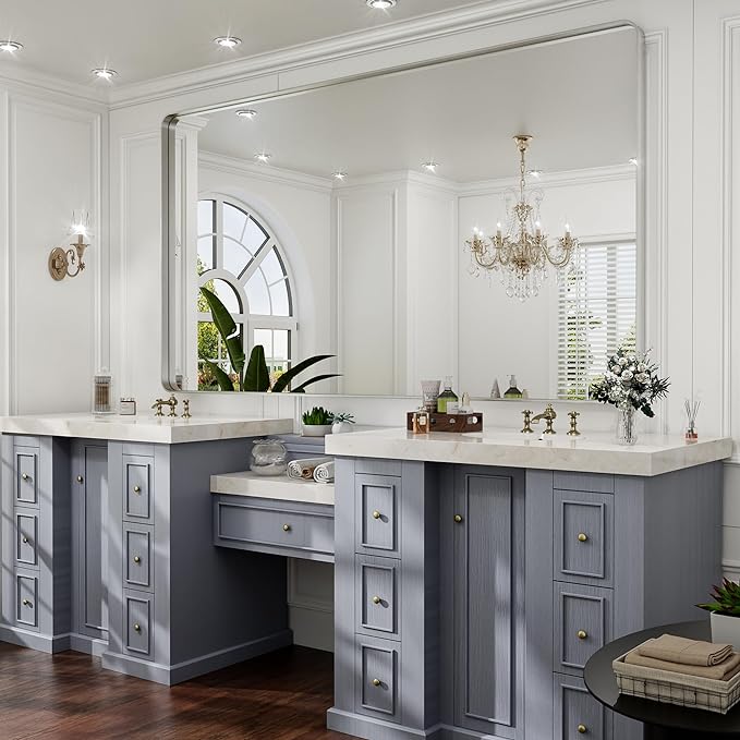 Hasipu Brushed Silver Bathroom Mirror 63x35 Inch Rounded Rectangle Vanity Mirror Metal Framed Wall Mirrors Anti-Rust Surface Mount (Horizontal/Vertical)